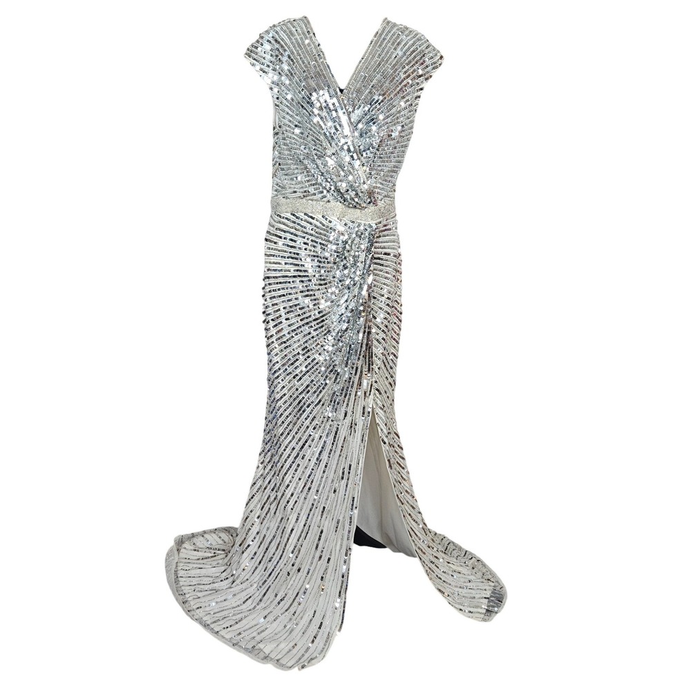 Mac Duggal Silver Sequin Gown Formal Evening Dress High Slit Sz 14W Prom Elegant